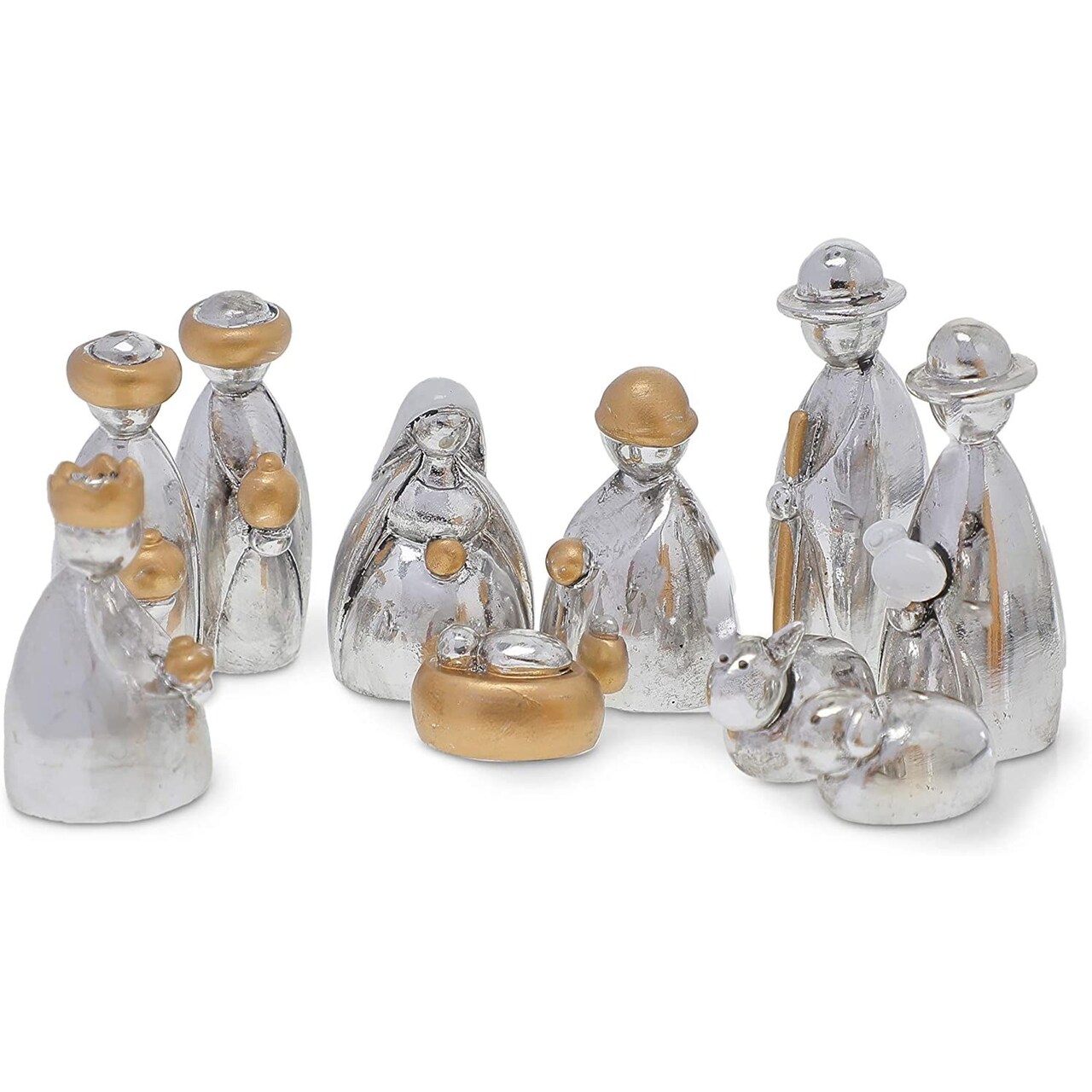 10 Piece Mini Nativity Set Figurines, Manger Scene for Indoor, Religious Christmas Decorations (Silver and Gold, 2.5 in)